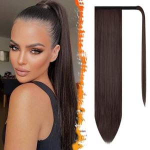 BARSDAR Brown Straight Wrap Ponytail Extension - 26 Inch Long Straight Wrap Around Ponytails for Black Women, Synthetic Clip in Pony Tails Hairpieces
