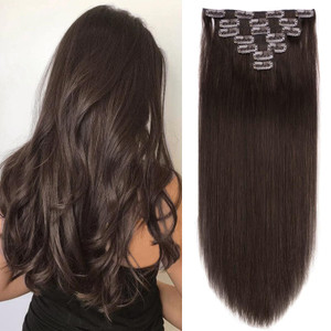 18" Clip in Human Hair Extensions Full Head 150g 7 Pieces 16 Clips 2# Dark Brown Double Weft Brazilian Real Remy Hair Extensions Thick Straight Silky