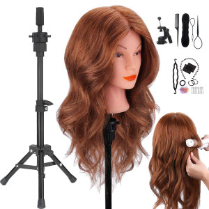 Mannequin Head with Human Hair, 18 inch Mannequin Head with Tripod Stand, Real Hair Cosmetology Makeup Hairdressing Training Head with Wig Stand Trip