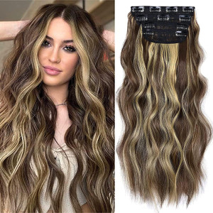 Clip in Synthetic Hair Extensions Long Wavy 4PCS Thick Hairpieces Blonde Highlighted Medium Brown Fiber Double Weft Natural Hair Extensions 20 Inch f