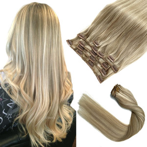 Clip in Hair Extensions, Ash Blonde Balayage Blonde Hair Extensions Real Human Hair Clip ins Extensions 22 Inch 7 Pieces 70G Real Hair Extensions Cli