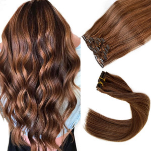 Clip in Hair Extensions Real Human Hair, Chocolate Brown to Auburn Real Hair Extensions Clip in Human Hair,7 Pieces 70G 22 Inch Double Weft Remy Huma