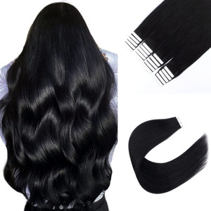 Sixstarhair Jet Black Tape In Hair Extensions Human Hair 20 Pieces Natural Black Hair Extensions Made of 100 Remy Human Hair and Double Side Tape [Co
