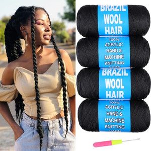 RuiYok 4 Pcs Natural Black Brazilian Wool Hair for Braiding Hair Acrylic Yarn Crochet Box Braids Senegalese Twist Jumbo Braids Faux Locs Crochet Hair