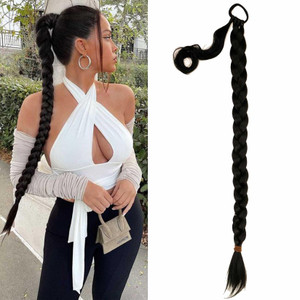 YOSILADY Long Braid Ponytail Extension with Elastic Tie Black Straight Sleek Wrap Around Braid Hair Extensions Synthetic Drawstring Ponytail for Wome