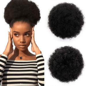 AISI QUEENS Short Afro Synthetic Curly Hair Ponytail African American Kinky Curly Wrap Drawstring Puff Ponytail Hair Extensions with 2 Clips(Large 1B