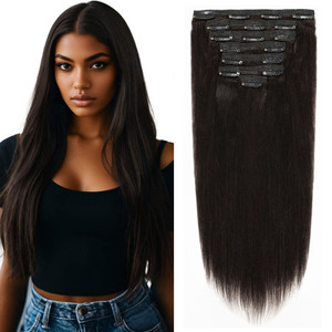 Lacer Light Yaki Clip in Hair Extensions, Remy Human Hair Natural Black Thick Yaki Straight Clip ins for African American Woman Relaxed Hair 7 Pieces
