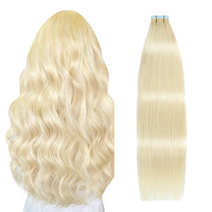 SUYYA Tape in Hair Extensions Remy Human Hair 18 inches 50g/pack 20pcs Straight Seamless Skin Weft Tape Hair Extensions(18 inches #613 Bleach Blonde)