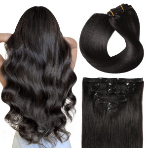 SUYYA Clip in Hair Extensions Real Human Hair,Jet Black Clip in Hair Extensions Human Hair Straight Hair Extensions Clip ins Double Weft 7pcs 120g (2