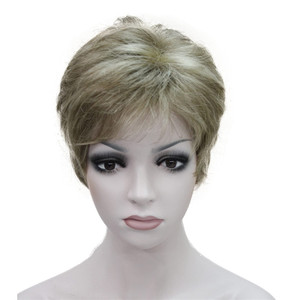 Wigsinway Short Synthetic Wigs Blonde with Highlights Fluffy Straight Full Bang Capless Heat Resistant Fiber Wigs for Women
