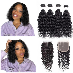 Foruiya Water Wave 4Bundles(50g/bundle) with Middle Part Closure Weave Hair Human Bundles with T Lace Closure Brazilian Wet and Wavy Bundles with Clo