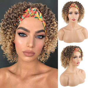 Aisaide Headband Wigs for Black Women Synthetic Short Kinky Curly Afro Golden Wig with Headband Attached Scarf Wigs Deep Curly None Lace Front Wig He