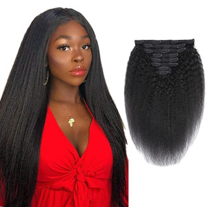 Clip in Hair Extensions Kinky Straight Wavy Hair 100% Unprocessed Human Hair Full Head Yaki Thick End 8 Pieces/Lot 135g with 18 Clips (22")