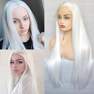 BLUPLE Long Straight Lace Front Wigs #1001 Platinum White Natural Heat Resistant Synthetic Hair Half Hand Tied Wigs for Cosplay Daily Wear (22 inches