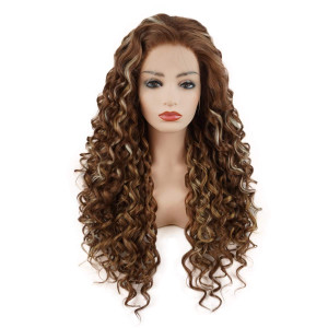Meiyite Hair Curly Long 26inch Dark Brown and Blonde Mix Heavy Density Half Hand Tied Realistic Synthetic Lace Front Wigs