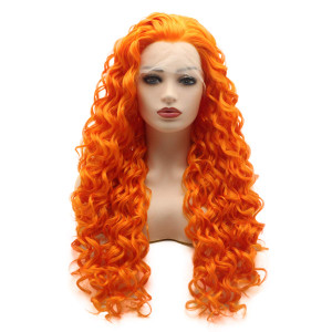 Meiyite Hair Curly Long 26inch Orange Half Hand Tied Heavy Density Synthetic Lace Front Wigs