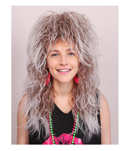 FantaLook Long Cruly Brown with White 80s Wig for Women