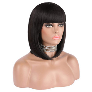 eNilecor Short Black Bob Wigs, 12" Straight with Flat Bangs Synthetic Colorful Cosplay Daily Party Wig for Women Natural As Real Hair+ Free Wig Cap (