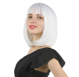 eNilecor Short Bob Hair Wigs 12" Straight with Flat Bangs Synthetic Colorful Cosplay Daily Party Wig for Women Natural As Real Hair+ Free Wig Cap (Wh