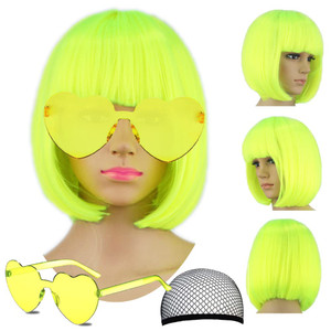 LIULIUBTY Short Bob Hair Wigs Straight with Flat Bangs Synthetic Colorful Cosplay Daily Party Neon Wig for Women + Free Wig Cap 13" Natural As Real