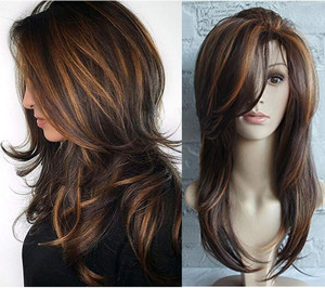 ANESHE Women's Long Layered Hair Wigs Brown Mixed Hair with Highlights Synthetic Natural Wavy Wigs (Brown with Highlights)