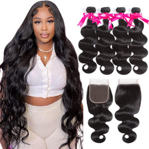 Flady 10A Brazilian Body Wave 4 Bundles with Closure Unprocessed Brazilian Virgin Human Hair Bundles with Closure (14 16 18 20+12 Closure)