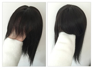 BESTLEE 14" Synthetic Hair Mono Hair Topper for Hair Loss Clip in Hair Top Piece with Air Bangs (Thick Style, Natural Black)