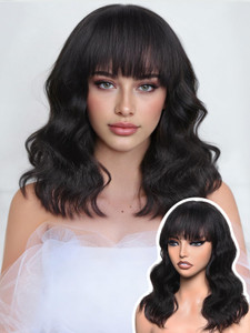 WIGNEE Natural Wave Wigs with Bangs 100% Brazilian Human Hair Fashion Wave Wigs Natural Black (14 Inch)