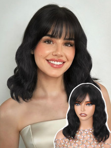WIGNEE Natural Wave Wigs with Bangs 100% Brazilian Human Hair Fashion Wave Wigs Natural Black
