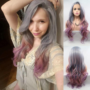 Melody Body Wave Synthetic Lace Front Wigs Silver Gray Red Purple Mixed Ombre Color Ombre Heat Resistant Fiber Hair for Women 24 Inch