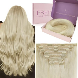 Fshine Clip in Hair Extensions Real Human Hair Straight Natural Remy Hair White Blonde 7Pcs 120g 16 Inch Hair Extensions Clip in Human Hair Lace Doub