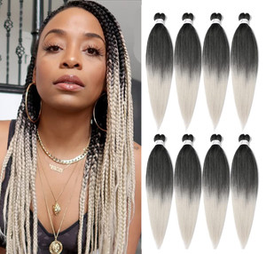 Pre Stretched Braiding Hair Grey 24 Inch 8 Packs White Braiding Hair Pre Stretched Yaki Texture, Hot Water Setting, Easy To Install Professional Synt