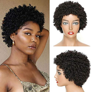 Ms Taj Short Human Hair Afro Wigs for Black Women Brazilian Virgin Short Curly Afro Wigs Human Hair 150% Density Natural Black (style two) (Natural B
