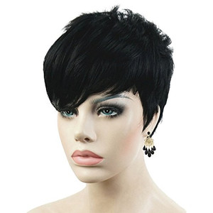 Lydell Short Asymmetry Side Bang Straight Wig Natural Black Full Synthetic Wigs