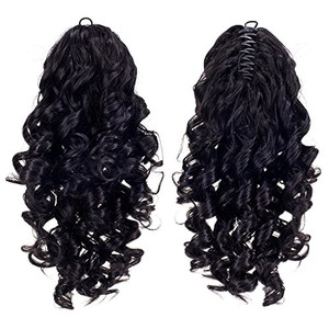 SWACC 12-Inch Short Screw Curls Claw Clip Ponytail Extensions Synthetic Clip in Drawstring Curly Ponytail Hairpiece Jaw Clip Hair Extension (Off Blac