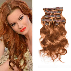 viviaBella Copper Red Body Wave Clip in Hair Extensions 18" Human Hair Brazilian Virgin Hair Double Weft 7 Pcs/lot 120g/set 16 Clips (120g 18", Coppe