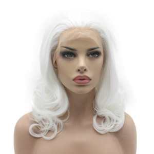 Lushy Medium Length White Wig Heat Friendly Heavy Density Realistic Synthetic Lace Front Wig