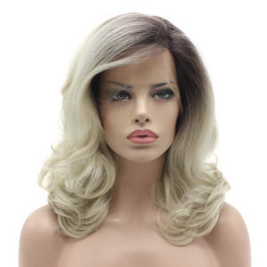 Lushy Hair 16inch Wavy Dark Root Light Blonde Ombre Heat Resistant Heavy Density Realistic Synthetic Lace Front Stylish Wigs