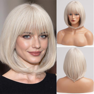 HAIRCUBE 12 Inch Blonde to White Bob Wigs with Bangs Ombre to Blonde Hair Synthetic Heat Resistant for Women