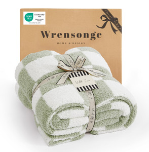 WRENSONGE Checkered Throw Blanket, Sage Green Soft Cozy Fluffy Hand Made Throw Blankets for Couch, Sofa, Chair, Bed, Camping, Picnic, Travel Lightwei