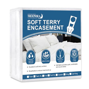 Moonsea Queen Mattress Protector Zippered (10/11/12/13/14 Inchs), Soft Terry Surface Mattress Encasement, 6-Side Waterproof Mattress Cover for Kids,