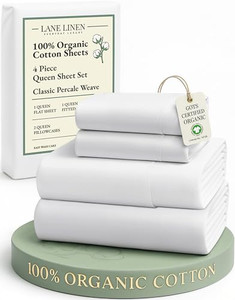 LANE LINEN Eco Friendly 100% Organic Cotton Queen Sheet Set, Soft & Comfy Fully Elasticized 15" Deep Pocket Bed Sheets, Low Pill Naturally Cooling Ma