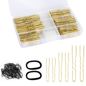 300Pcs U-Shaped Hair Pins in Varying Sizes (2.8IN, 2.4IN, 2IN), Bobby Bun Pins for Women, Kids, and Girls - With Storage Box and 50Pcs Elastic Hair B