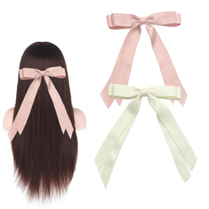SALOCY Hair Bows Clip, 2 PCS Satin Hair Ribbons for Women with Long Tassel, Big Ribbon Bows for Hair Design (Pink+Beige)