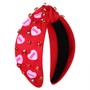 mokkia Valentines Day Heart Headbands for Women Valentines Day Accessories Jeweled Beaded Heart Knotted Headband Pink Red Rhinestone Wide Top Knot