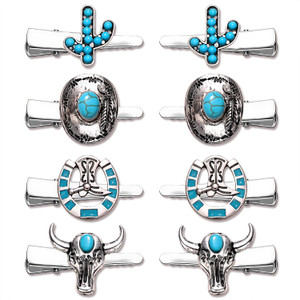 Western Cowboy Cowgirl Boot Hat Hair Clips - 8PCS Vintage Turquoise Star Lightning Cactus Hairpins - Women's Hair Accessories (Pattern A)