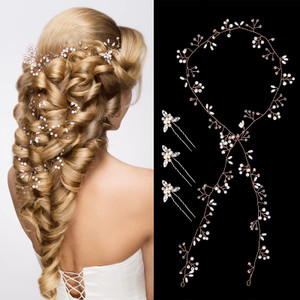 Nljihkure Wedding Hair Bridal Hair Accessories Pieces for Brides Hair Vine Crystal Extra Long Pearl and Beads Bridal Hair Vine Headband Head Pieces f