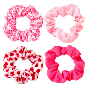 4PCS Valentine Hair Scrunchies Pink Hair Ties Elastic with Love and Heart Pattern Elastic Hair Bands Romantic Hair Accessories Soft Ponytail Holders