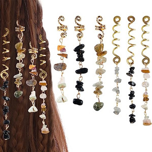 FRDTLUTHW Hair Jewelry Dreadlock Accessories, Natura Stone Hair Charms for Braids, Hair Ring Crystal Hair Accessories for Women(Black, pack of 6)