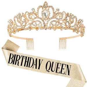 COCIDE Birthday Queen Sash & Rhinestone Tiara Set Gold Happy Birthday Crowns for Women Party Decoration Kit Rhinestone Headband for Women Glitter Cry